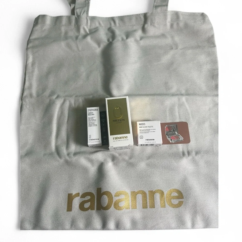 Rabanne Tote Bag with Perfume Sample, Mascara $ Blush Sample